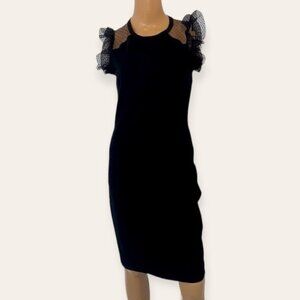 Red VALENTINO  Black Lace Sleeves Swiss Dot Midi Evening Dress Size Medium